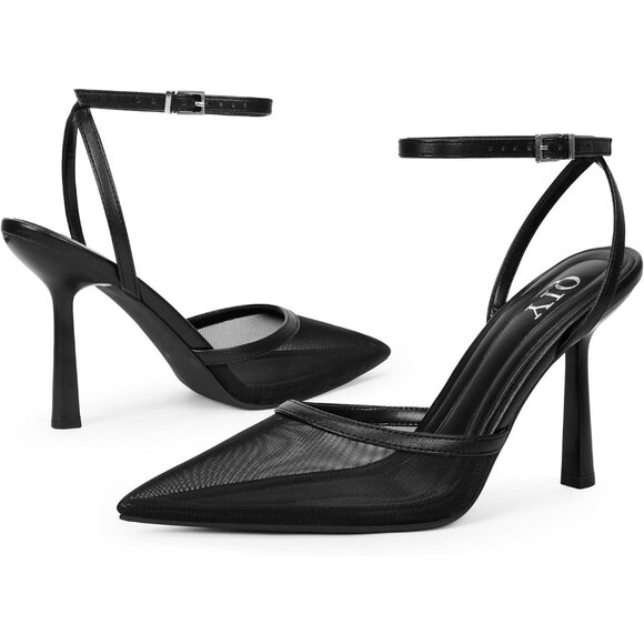 Close Toe Ankle Strap Women Black Heels Pointed Toe Stiletto Pumps Wedding Shoes - Picture 2 of 7